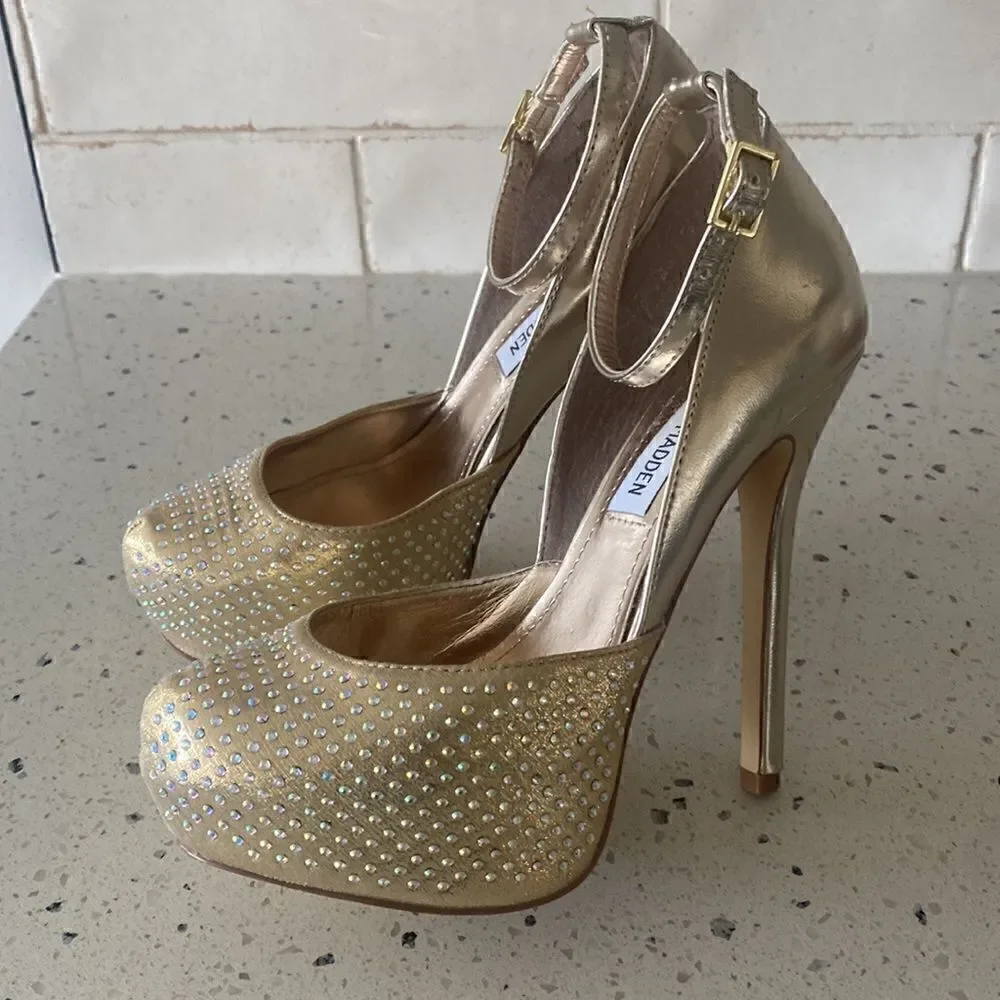 Steve Madden MEA Gold Bling Platform Stiletto Heels Ankle Strap Size Size 6